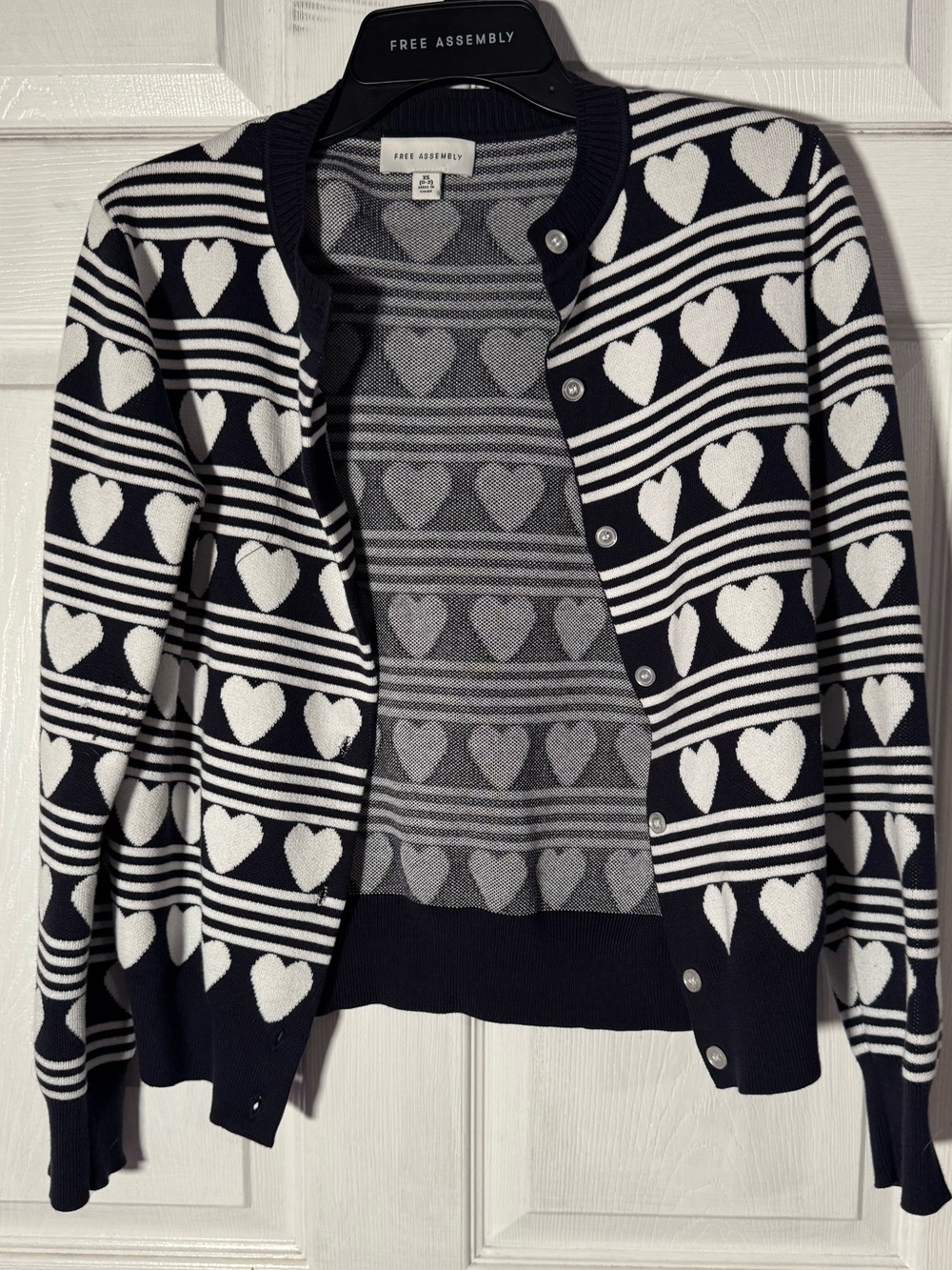 Free Assembly Women's Navy and White Heart-Striped Cardigan Sweater